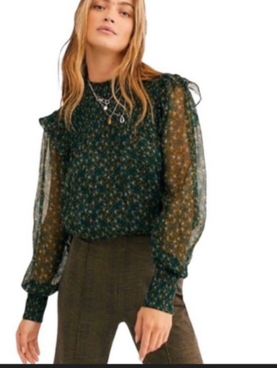 Free People Tops - Free People Sheer Floral Long-Sleeve Blouse in Dark Green